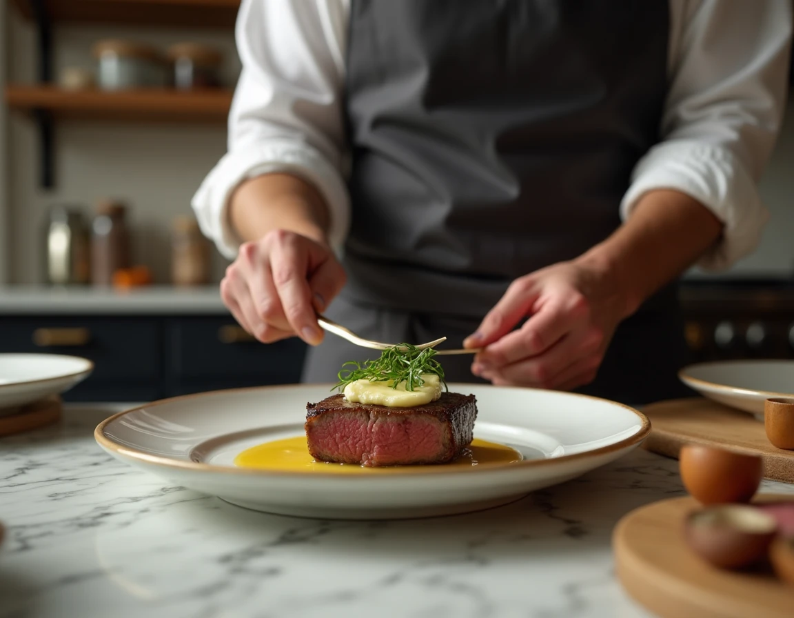 Chef amateur dressant des assiettes de filet mignon sauce moutarde avec beurre composé et microgreens dans une cuisine élégante à domicile