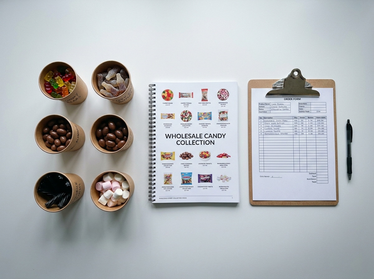 Vue en plongée d'échantillons de bonbons en vrac et documents de commande fournisseur professionnel