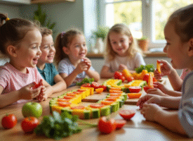 Groupe d'enfants autour d'une table avec fruits et légumes en forme de U
