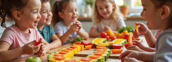Groupe d'enfants autour d'une table avec fruits et légumes en forme de U