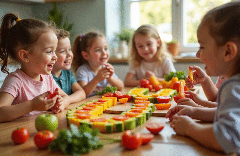 Groupe d'enfants autour d'une table avec fruits et légumes en forme de U