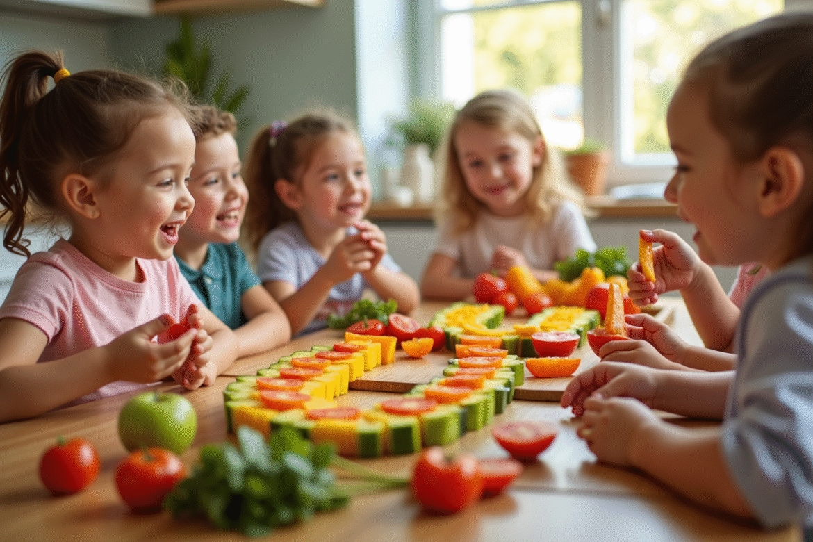 Groupe d'enfants autour d'une table avec fruits et légumes en forme de U