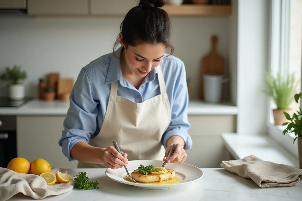 Femme qui dresse une assiette d'entrée au poulet citron sauce câpres dans une cuisine moderne