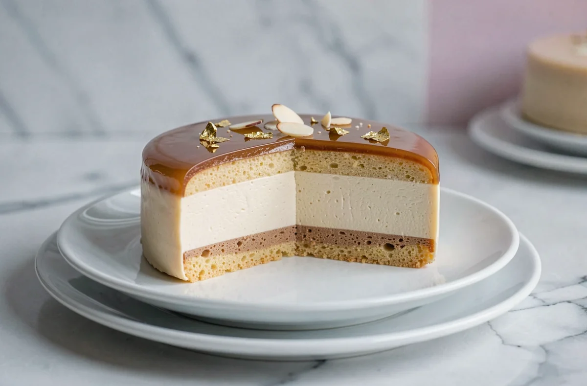 Coupe d'un entremets professionnel montrant le biscuit pain de gênes en base sous une mousse et un glaçage miroir, plaqué sur marbre en pâtisserie