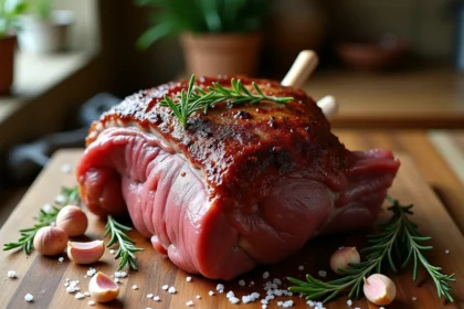 Épaule d'agneau confite basse température posée sur une planche en bois avec ail, romarin et fleur de sel