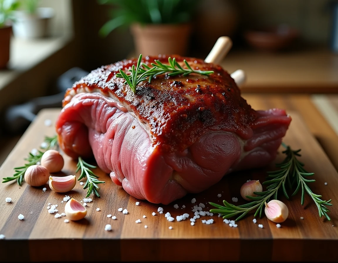 Épaule d'agneau confite basse température posée sur une planche en bois avec ail, romarin et fleur de sel