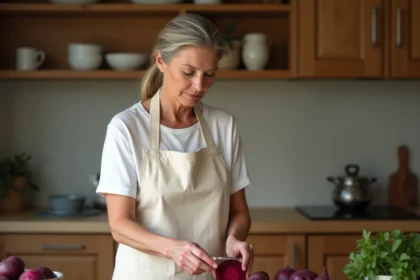 Femme épluchant une betterave crue avant la cuisson en cocotte minute dans une cuisine en bois