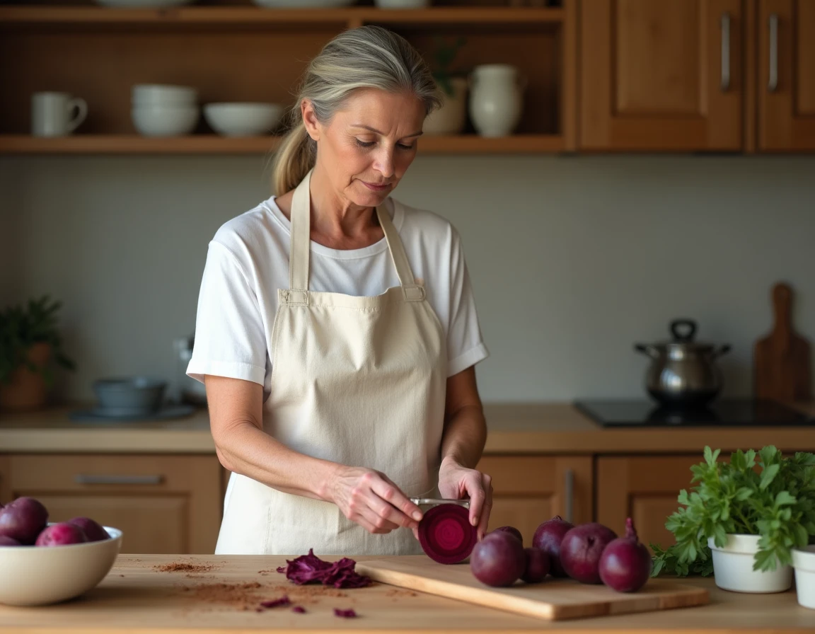Femme épluchant une betterave crue avant la cuisson en cocotte minute dans une cuisine en bois