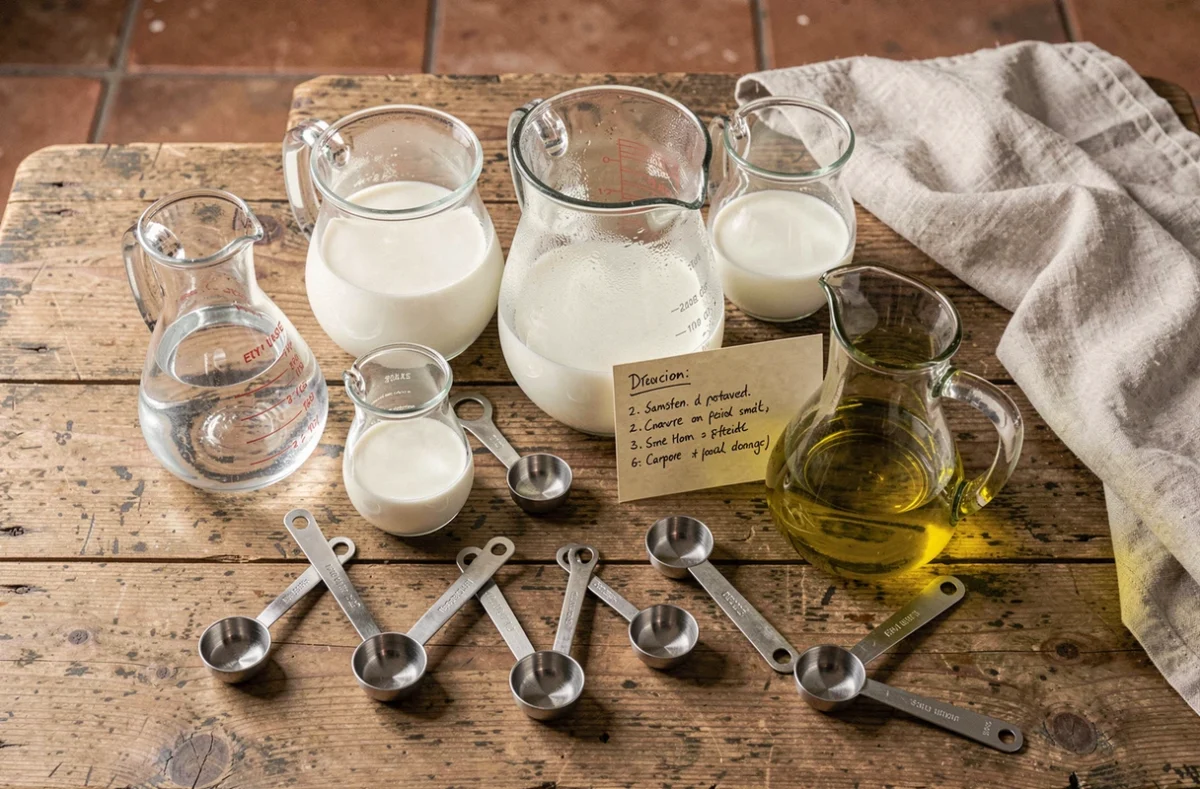 Verres doseurs et cuillères mesureuses avec notes de conversion grammes et litres sur table en bois rustique