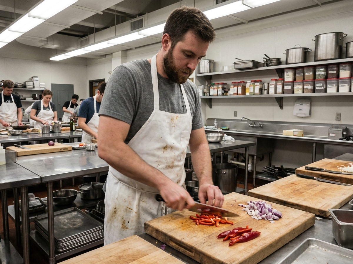 Étudiant en CAP cuisine s'entraînant à la coupe de légumes dans une cuisine d'école hôtelière professionnelle