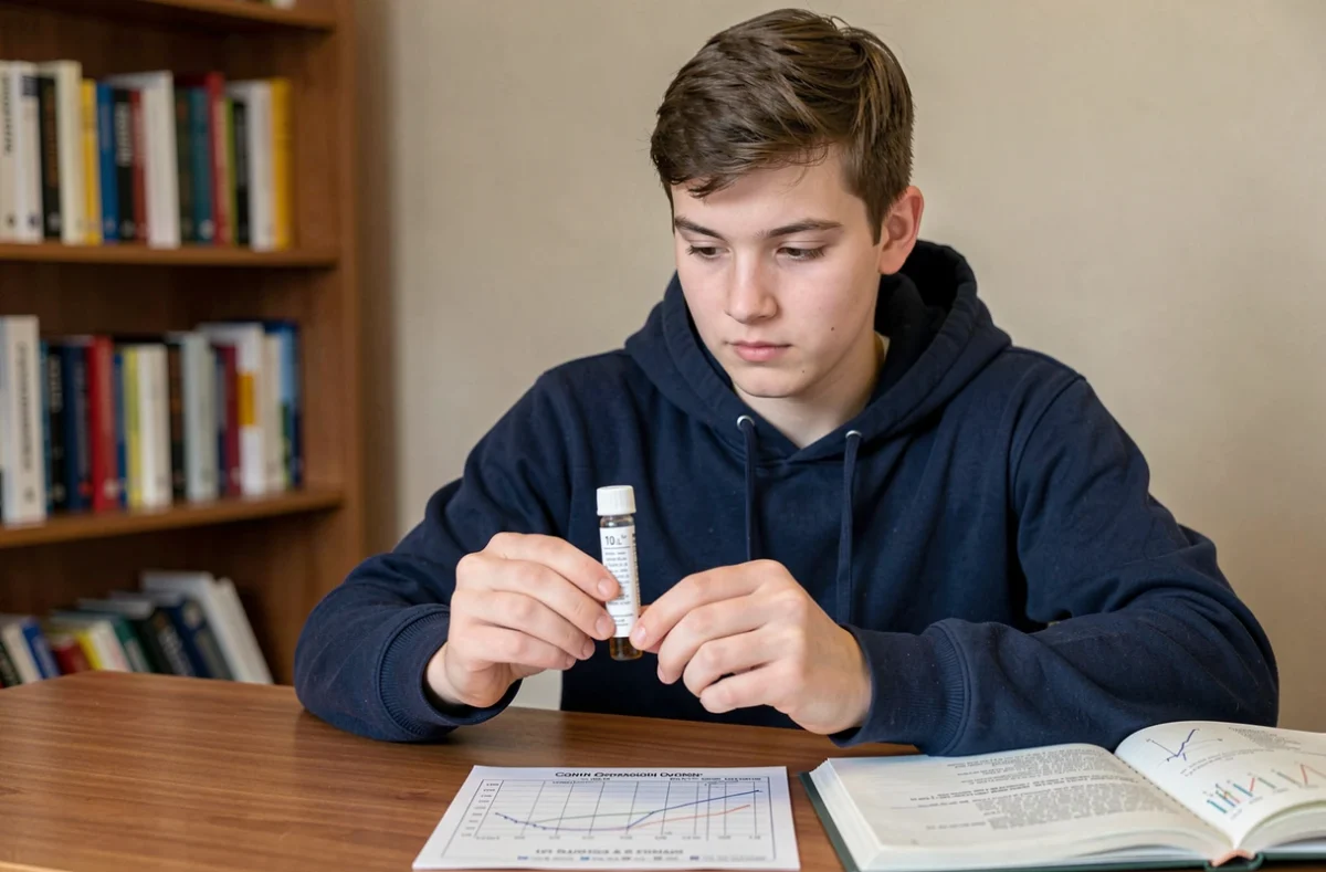 Adolescent consultant un tableau de conversion millilitres centilitres assis à son bureau d'étude