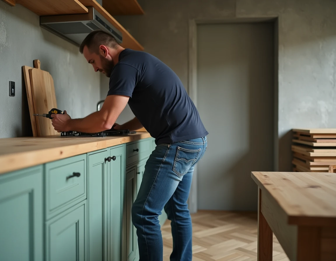 Homme installant des façades vertes personnalisées sur des caissons de cuisine IKEA dans un appartement urbain