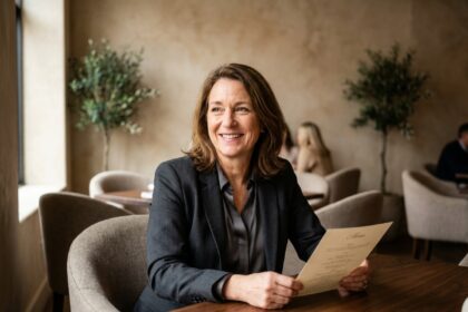 Femme d'affaires souriante à une table de restaurant moderne