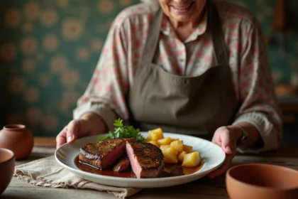 Femme âgée servant filet mignon à la moutarde dans la cuisine