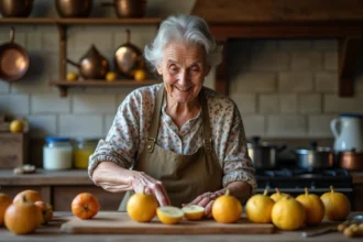Femme âgée préparant des quinces pour confiture dans une cuisine rustique