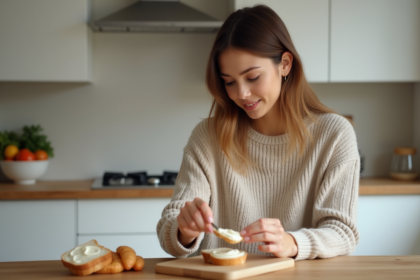 Jeune femme en pull beige étale du fromage frais en cuisine