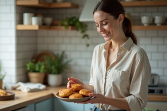 Jeune femme souriante plaçant des beignets de courgette dorés dans une assiette en céramique dans une cuisine lumineuse