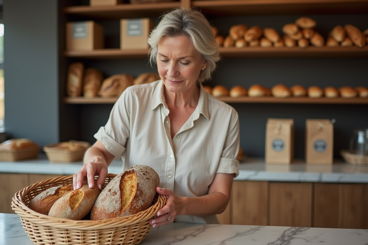 Femme choisissant un pain keto artisanal en boulangerie