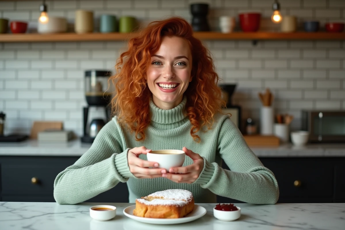 Femme savourant un bol de café au lait et une brioche perdue dans un café brunch moderne de Lille