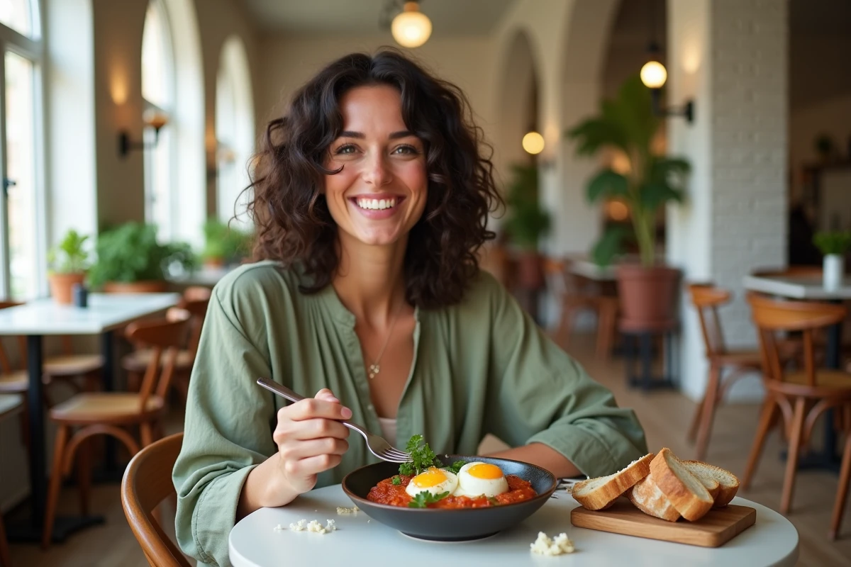 Jeune femme souriante dégustant un brunch végétarien dans un café lumineux à Hyères, avec un bol de shakshuka aux œufs pochés et du pain sourdough