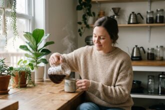 Jeune femme versant du cafe dans une tasse en cuisine lumineuse