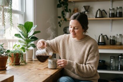 Jeune femme versant du cafe dans une tasse en cuisine lumineuse