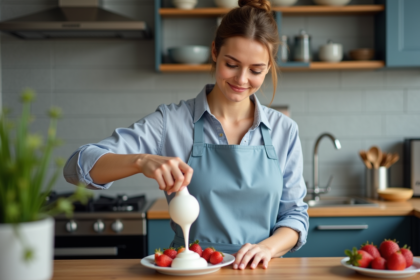 Femme souriante verse de la chantilly sur des fraises fraîches