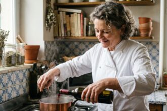 Femme chef française versant du vin dans une casserole