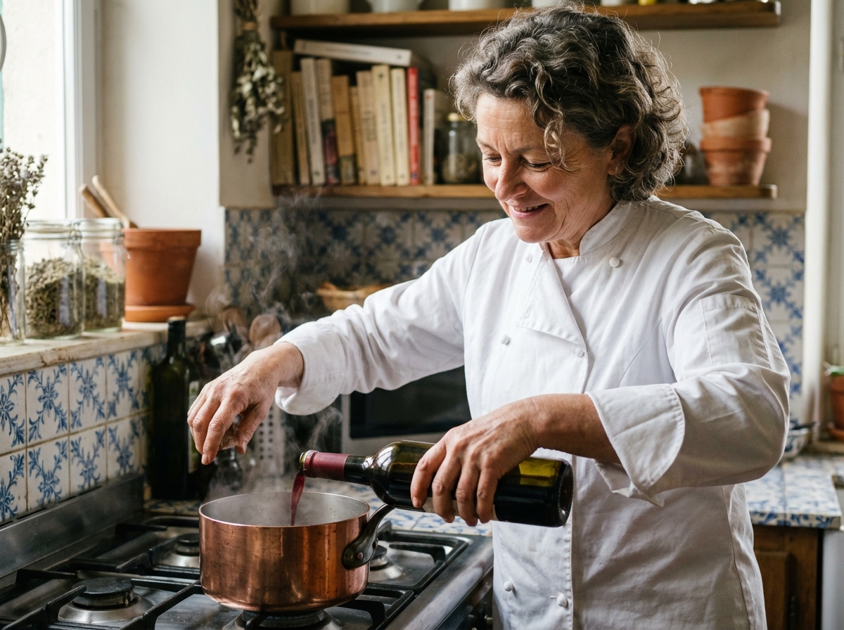 Femme chef française versant du vin dans une casserole