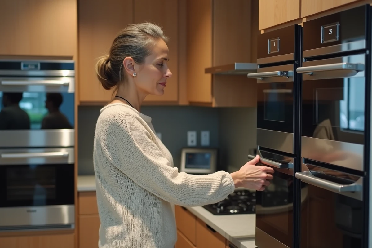 Femme inspectant deux fours dans une cuisine moderne