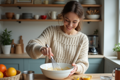 Femme en trentaines cuisine gâteau avec fouet