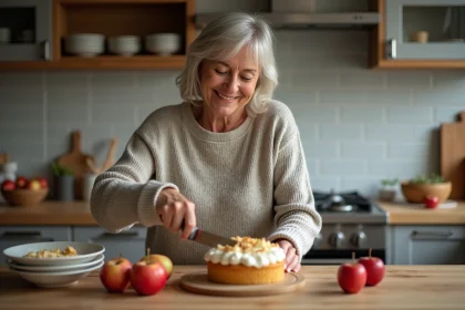 Femme souriante coupant un gâteau maison à la pomme