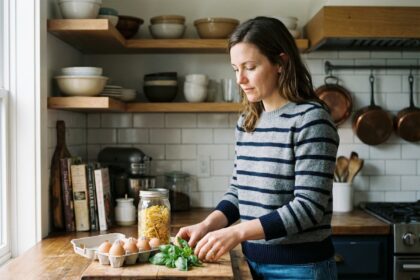 Femme en cuisine arrangeant des ingrédients pour cuisiner