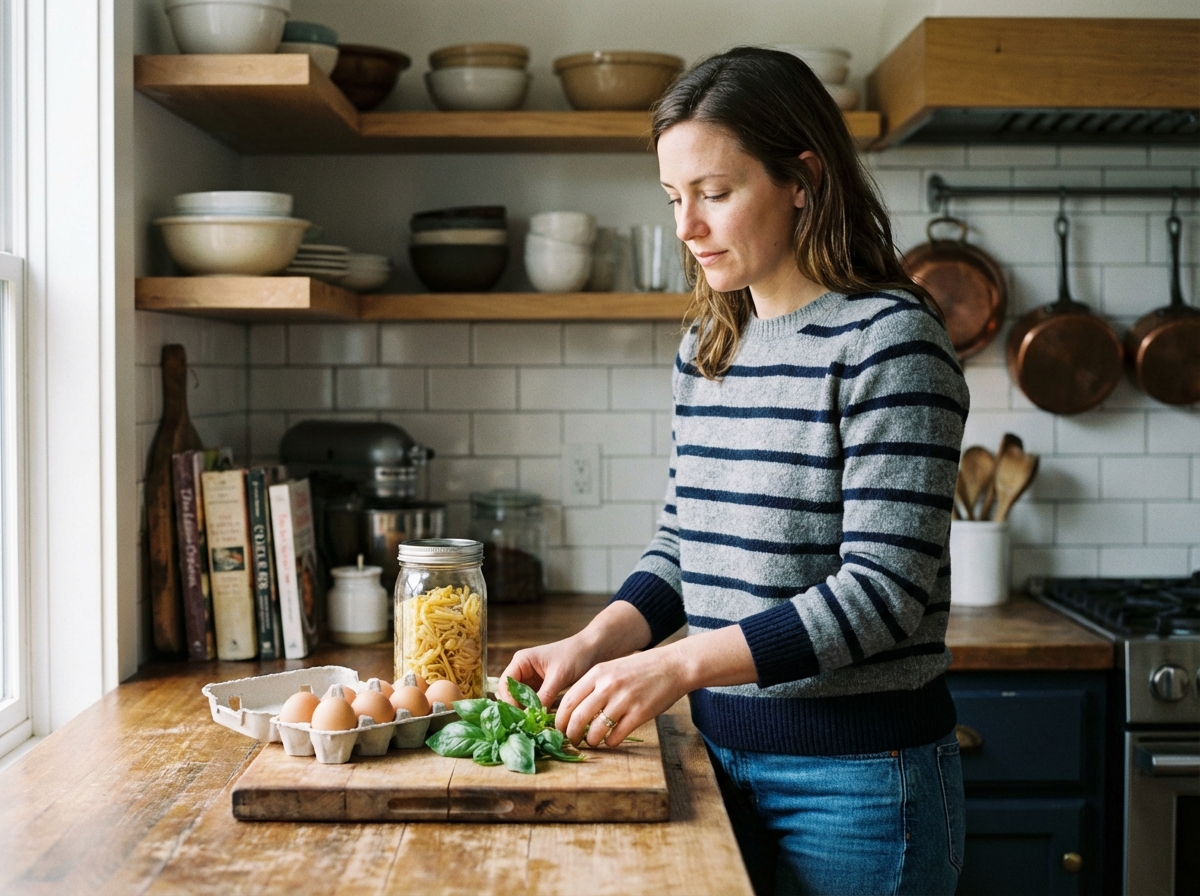 Femme en cuisine arrangeant des ingrédients pour cuisiner