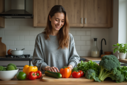 Femme souriante préparant des légumes frais dans la cuisine