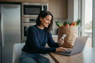 Femme souriante dans sa cuisine moderne avec ordinateur et smartphone