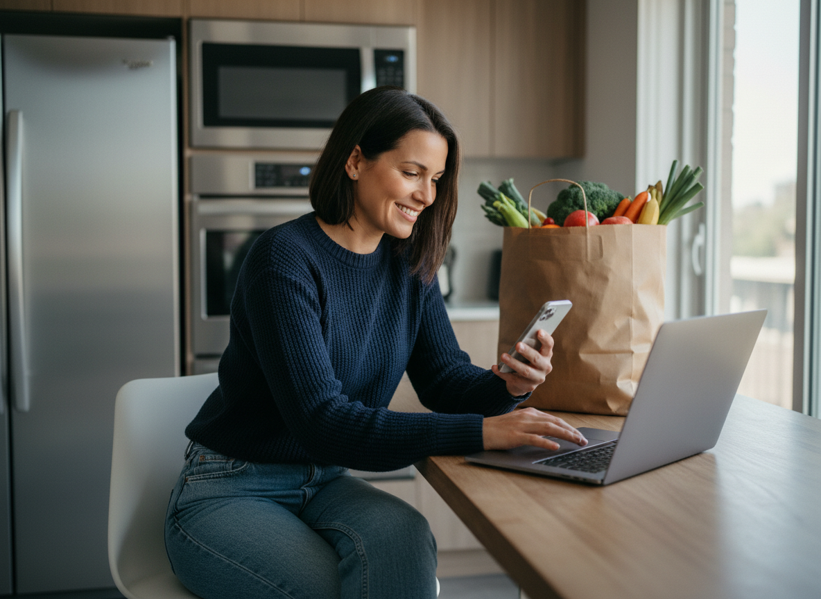 Femme souriante dans sa cuisine moderne avec ordinateur et smartphone