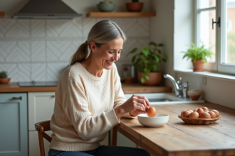Femme assise à la cuisine avec un œuf dans un bol