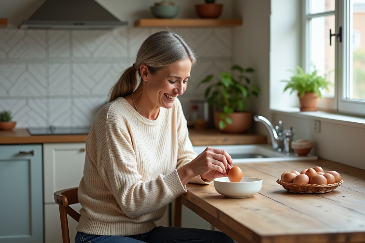 Femme assise à la cuisine avec un œuf dans un bol