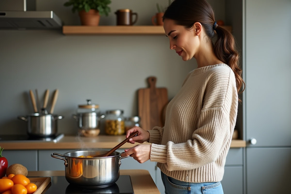 Femme en cuisine vérifiant des patates douces bouillies