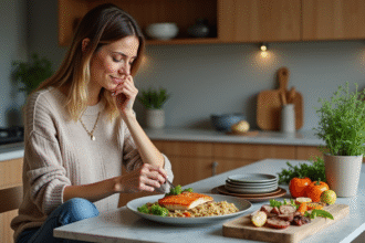 Femme en cuisine préparant un repas serein et équilibré