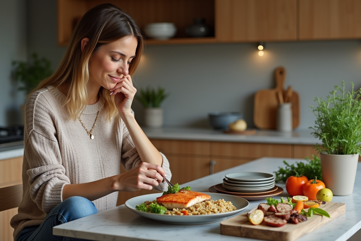 Femme en cuisine préparant un repas serein et équilibré