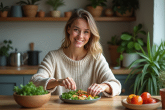 Jeune femme préparant un repas sain dans une cuisine chaleureuse