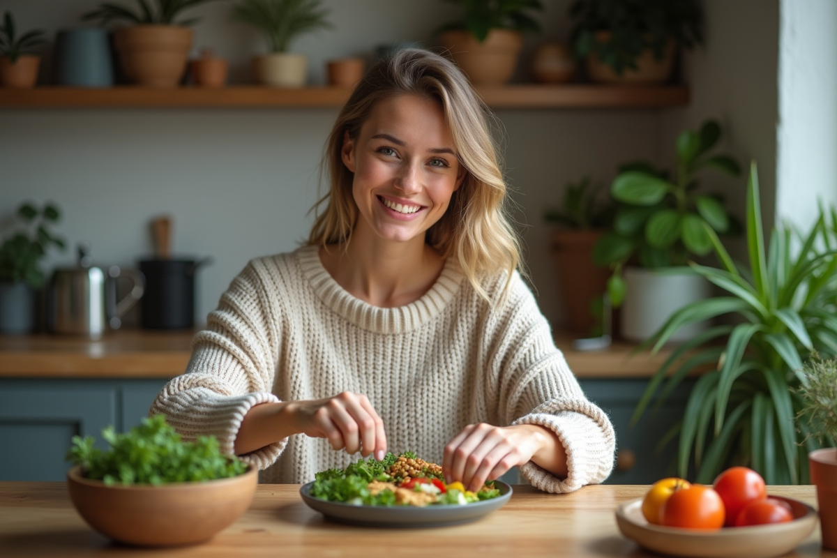 Jeune femme préparant un repas sain dans une cuisine chaleureuse