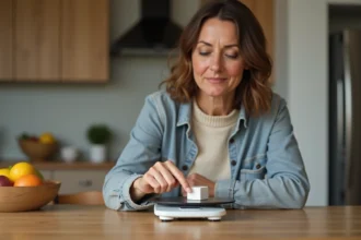 Femme en cuisine posant un sucre sur une balance digitale