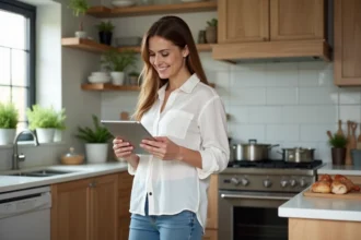 Femme en cuisine vérifiant un minuteur sur tablette