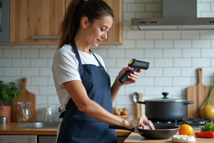 Jeune femme en cuisine utilisant un thermometre infrarouge