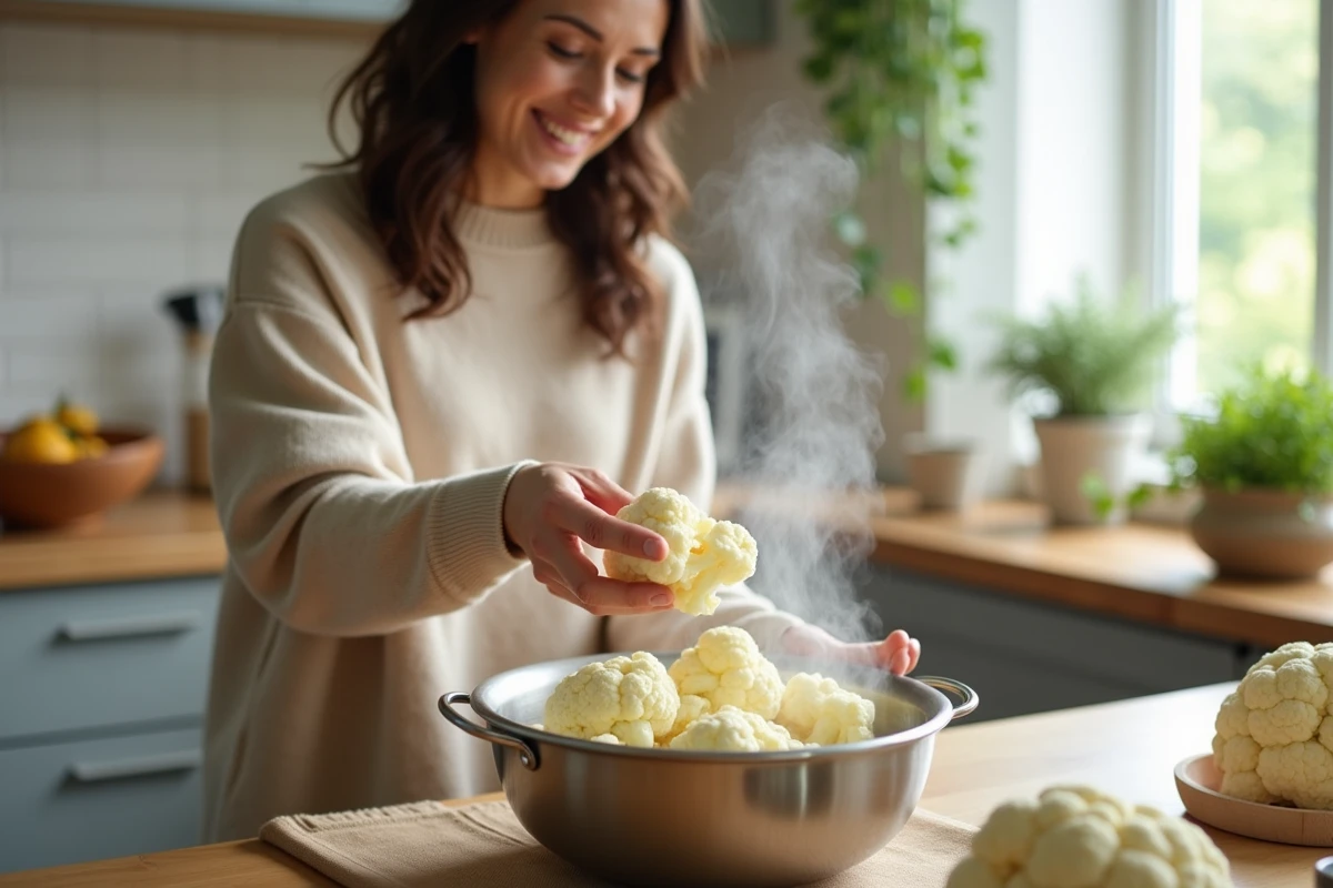 Femme dans la cuisine avec chou-fleur vapeur