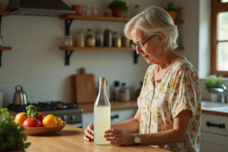Femme lisant l'étiquette d'une bouteille de vinaigre d'alcool dans une cuisine familiale pour vérifier sa conformité halal