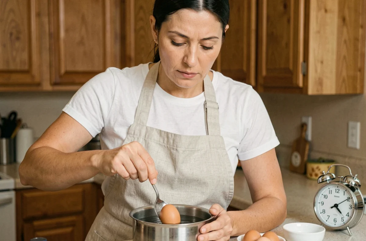 Femme déposant délicatement un œuf dans une casserole d'eau froide avec une cuillère trouée